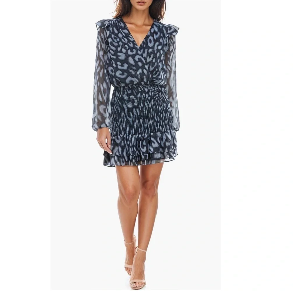 Socialite Metallic Chiffon Smock Waist Ruffle Hem Long Sleeve Mini Dress Sz XS